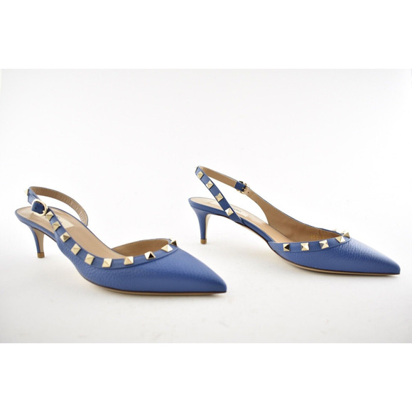 Valentino Rockstud 50 Blue Gold Stud Slingback Strap Sandal Kitten Heel Pump 38 - Picture 4 of 11